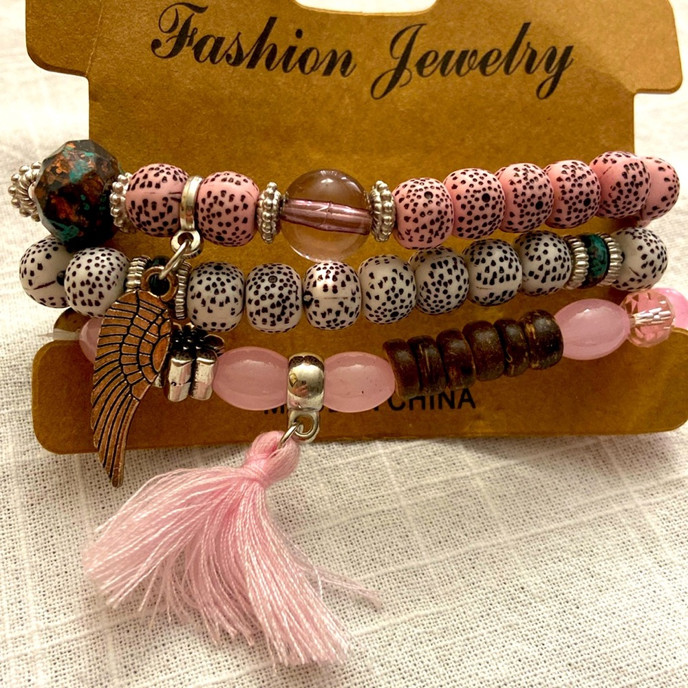 Pink and Brown Beaded Bracelet Set
